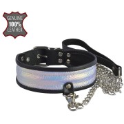 BDSM accessories Черный ошейник с голографическими вставками и поводком